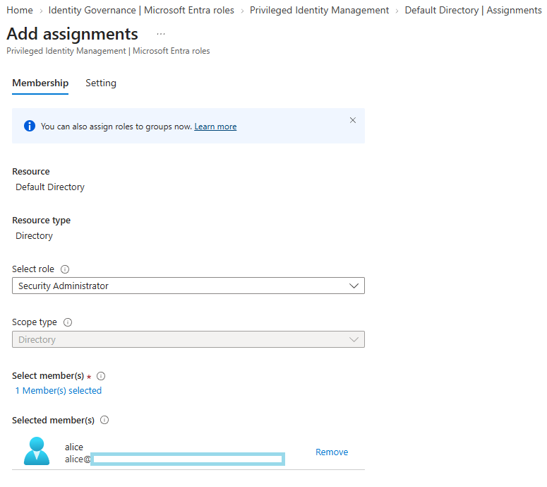 Adding a new role assignment in PIM for Security Administrator