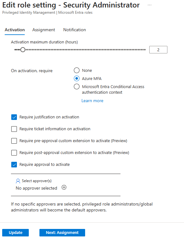 Setting activation duration, MFA, justification, and approval requirements