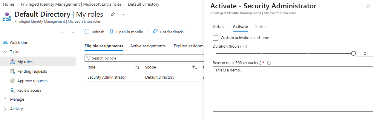 Filling in justification and duration for the activation request