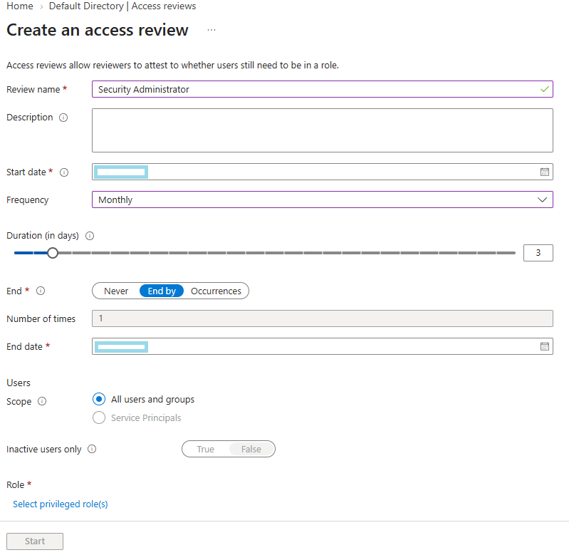 Configuring a new access review for Security Administrator eligible assignments