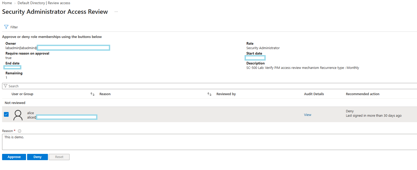 Labadmin approving Alice&rsquo;s continued eligibility in the access review