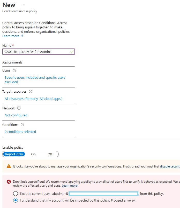 CA01 Require MFA for Admins policy configuration