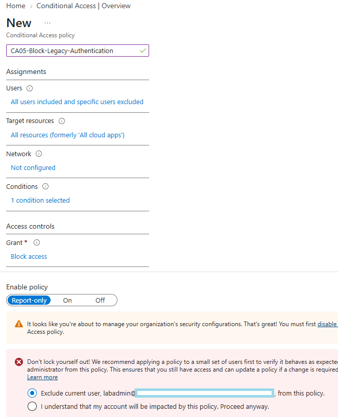 CA05 Block Legacy Authentication policy configuration
